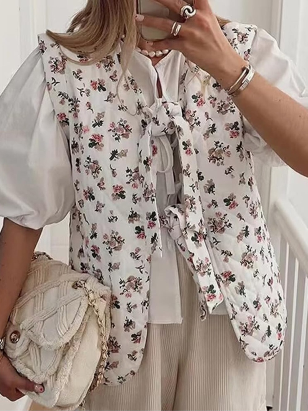 FnKro Floral Tie-Up Front Quilted Vest